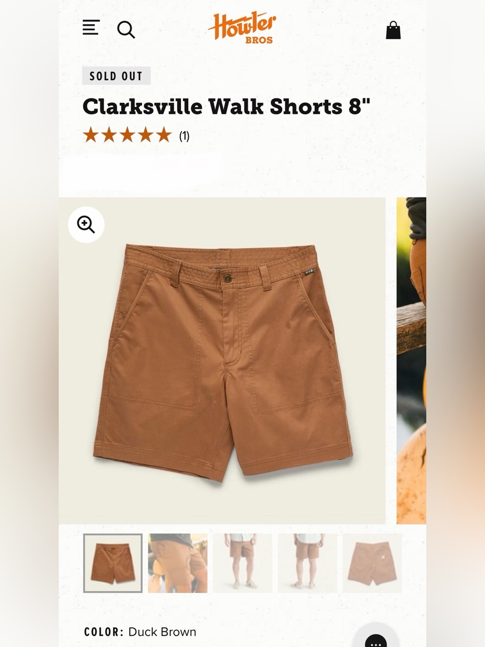 Howler Brothers Clarksville Walk Shorts 8” Men’s 36 Duck Brown Snap Pockets